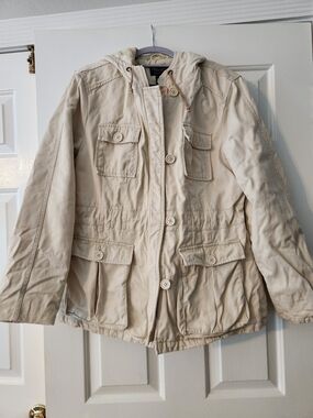 Vintage American Eagle Outfitters Hooded Winter Utility Coat Jacket Cream Y2k XL